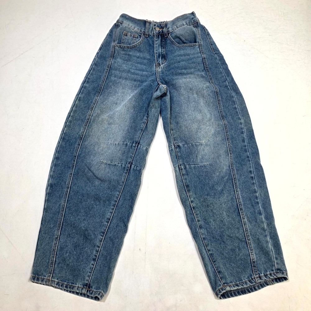 H&M Barrel Leg Jeans Womens 26 Blue High Waisted Seam Detail Utility Balloon Leg